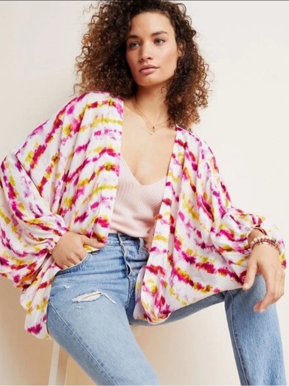 NWT Anthropologie Pink Yellow Dip Dyed Cocoon Kimono